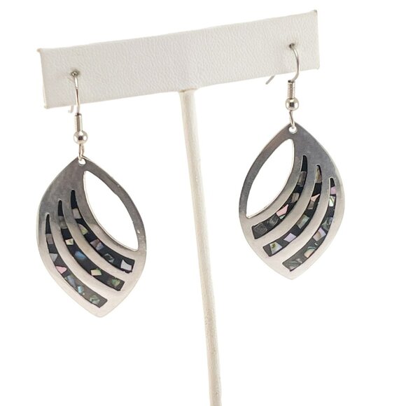 Sterling Silver Abalone Shell Inlay Leaf Shaped Dangle Earrings Abalone Inlay Ea - Picture 7 of 9